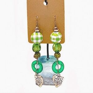 HANDMADE Green & White Plaid Beaded Clover Charm Earrings for St. Patrick's Day